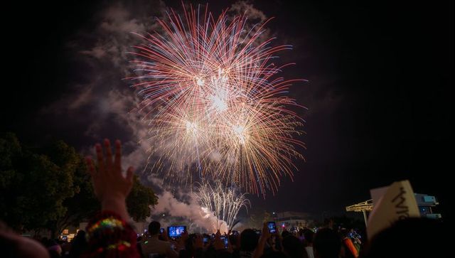 Vibrant fireworks display illuminating night sky over excited crowd