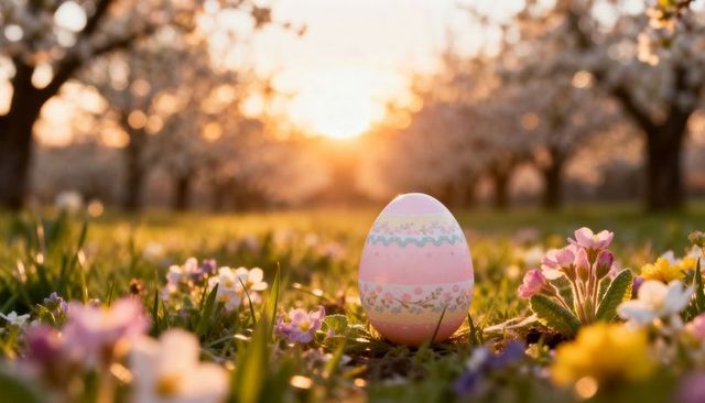 Pastel easter egg resting in blossoming orchard meadow during golden hour