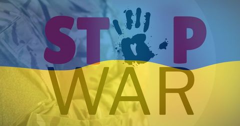 Stop War Message with Ukrainian Flag and Soldier Silhouette