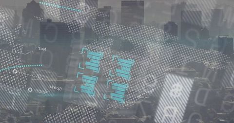 Urban data overlay projecting halftone world map and cyan analytics across downtown skyline