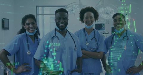 Smiling Medical Team Wearing Scrubs with Data Overlay in Hospital