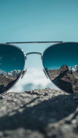 Vertical video racking focus on aviator sunglasses reflecting alpine peaks and rugged summit