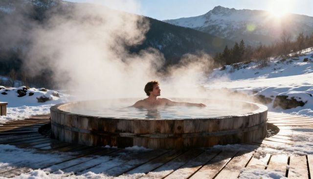 Relaxing man soaking in wooden hot tub on snowy alpine deck, steam rising at dawn
