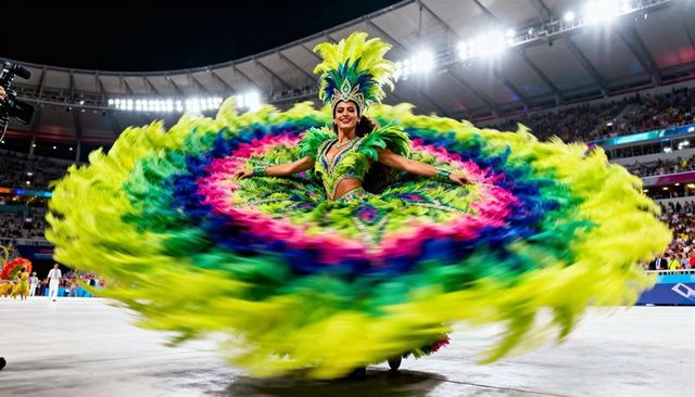 Spinning carnival dancer in neon feathered costume and beaded headdress