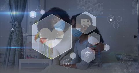 Caring Mother and Daughter with Medical Icons on Bed