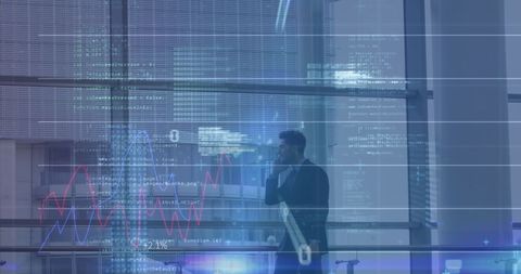 Businessman Engaged in Mobile Financial Analysis with Data Overlay