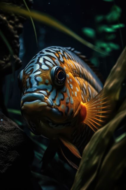 Close-up of a vividly colored tropical fish swimming in its natural underwater habitat. Perfect for use in marine biology publications, nature documentaries, educational materials, and aquarium advertising to showcase the beauty and diversity of aquatic life.