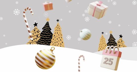 Festive Christmas Scene with Gifts, Calendar, and Snowy Trees