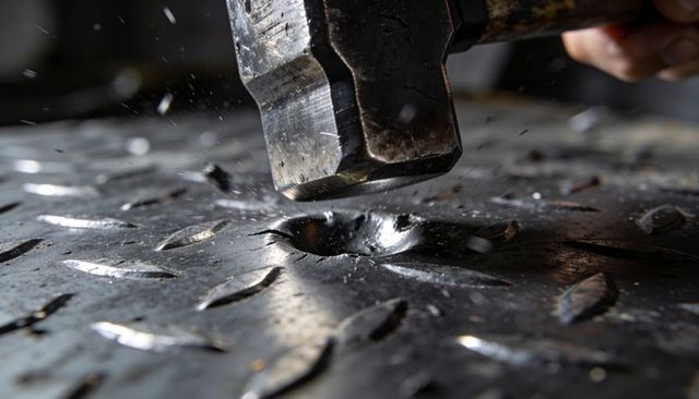 Sledgehammer striking diamond plate, metal denting and fragments flying