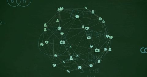 Visualizing connected healthcare data network on chalkboard with medical icons and nodes