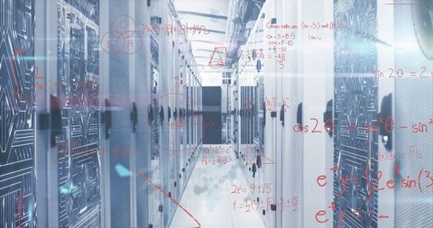 Surreal data center aisle with mathematical formula overlay