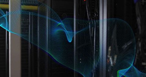 Flowing digital waveform over server racks representing ai, cloud computing and network analytics