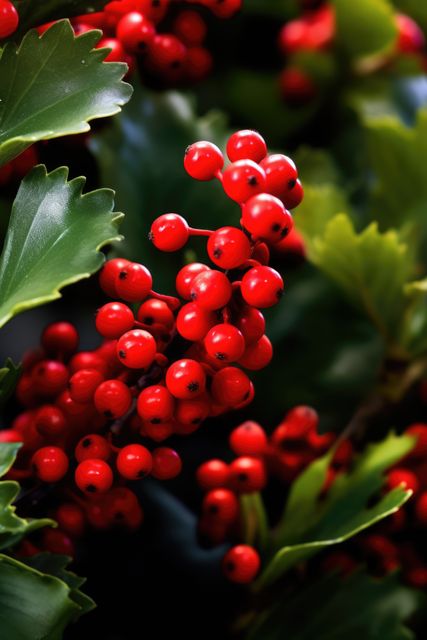 This image features a close-up of bright red holly berries surrounded by lush green leaves, ideal for festive and holiday themes. It captures the vibrant colors, making it perfect for use in gardening materials, nature-focused brands, or seasonal decor collections. The rich, vivid colors make it suitable for websites, brochures, and social media posts that focus on natural beauty and plant life.