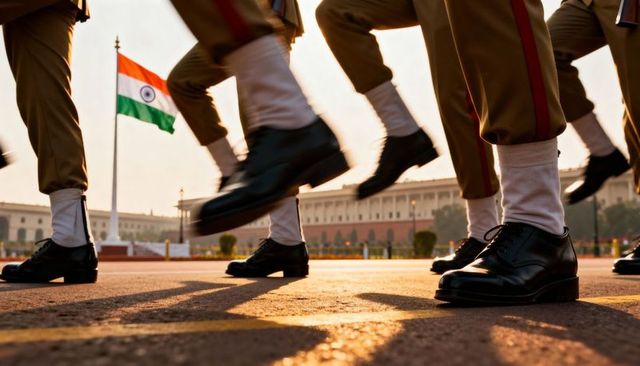 Close-up of indian ceremonial guards marching with polished boots and white gaiters