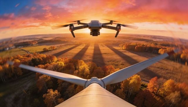 Advanced Drone Inspecting Turbine Nacelle at Vibrant Sunset Over Autumn Energy Landscape