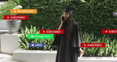 Graduate vlogging on smartphone with social media overlays celebrating online success