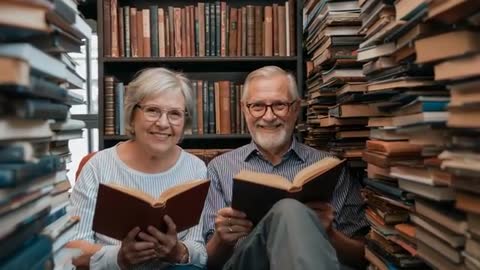 Senior couple reading and smiling in cozy library nook surrounded by shelves of books