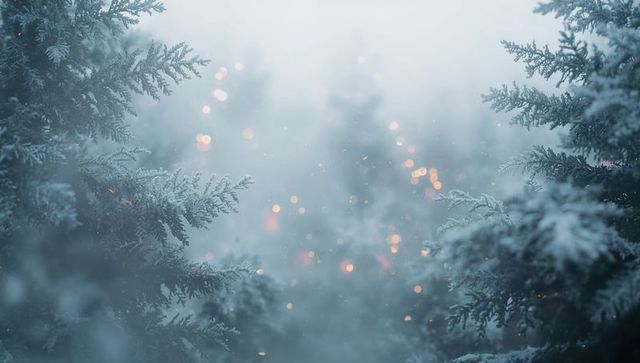 Snow-Dusted Fir Frame with Warm Bokeh Lights and Misty Falling Snow for Holiday Background