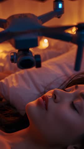 Drone descending to scan woman on bed under warm candlelight | Futuristic scan (vertical video)