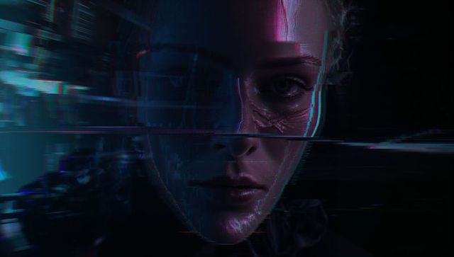 Cybernetic Female Face with Glitch Effects and Neon Lighting