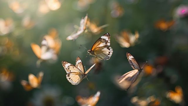 Fluttering orange-white butterflies dancing over wildflower meadow during golden hour