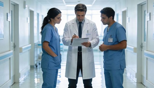 Doctor reviewing patient chart with two nurses in bright hospital corridor