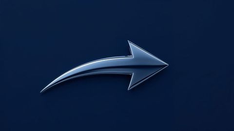 Sleek metallic curved arrow with gradient on dark blue background