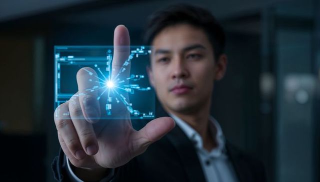 Businessman touching holographic interface controlling digital network and data visualization