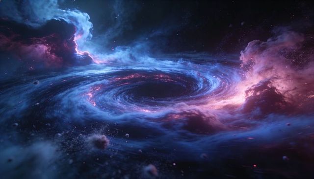 Cosmic spiral vortex rotating around dark core with glowing nebula, stellar debris, blue-pink haze