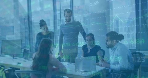 Team Collaborating on Financial Strategy with Data Overlay