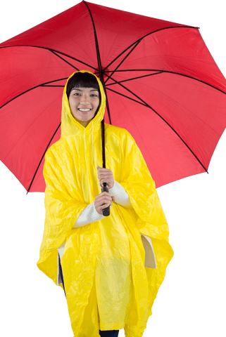 smiling woman in transparent yellow raincoat with red umbrella outdoors - Download Free Stock Videos Pikwizard.com