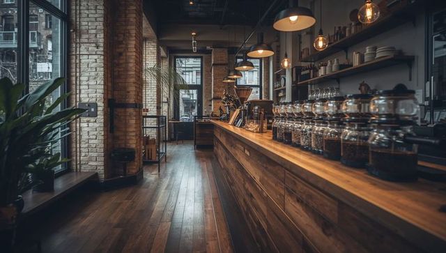 Cozy Coffee Shop Interior with Rustic Wooden Touches and Glass Jar Display