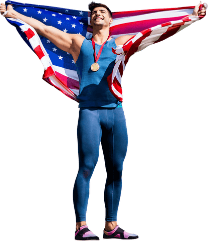 Triumphant Athlete Holding USA Flag Winning Gold Medal Transparent