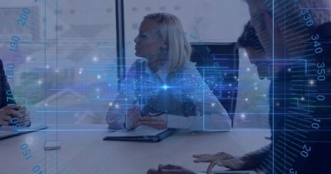 Boardroom collaboration featuring blonde executive leaning forward taking notes with HUD overlay