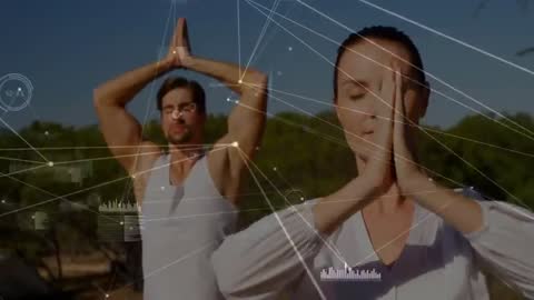 Outdoor Yoga Unity with Digital Overlay Displaying Balance