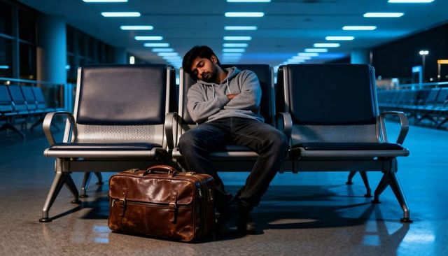 Sleeping indian traveler slumping on airport seats with vintage brown leather bag at night