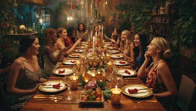 Elegant dinner gathering female friends celebrating in botanical setting