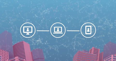Digital Network with Cityscape and Technology Icons