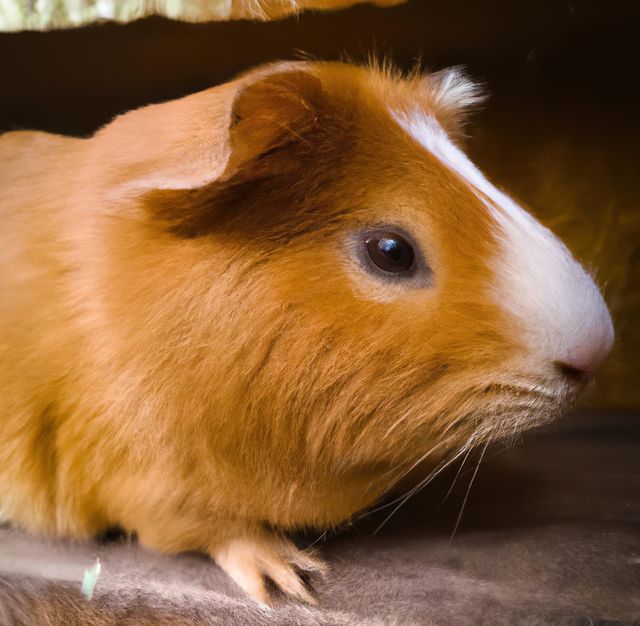 This image showcases a guinea pig with adorable brown and white fur, captured in a close-up view. Ideal for use in pet care articles, veterinary websites, animal-related educational materials, or advertisements for pet products. Its detailed capture emphasizes the furry texture and features of the guinea pig, making it attractive for pet companionship promotions.