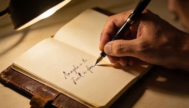 Right Hand Writing Cursive with Fountain Pen on Leather Journal under Warm Lamp Glow