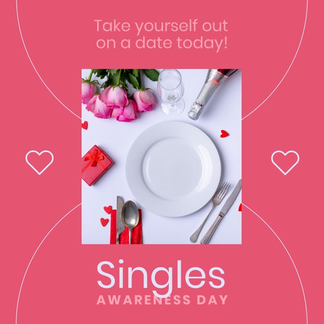Composition of singles awareness day text and place setting for one with roses. Singles awareness day and relationship concept.