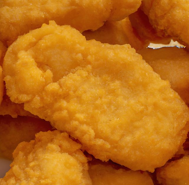 Close-up shot of several golden, crispy chicken nuggets layered together. Ideal for use in promoting fast food restaurants, highlighting snack options, or creating appetizing advertisements. Useful for blog posts, social media content, and menus.