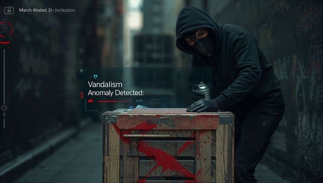 Masked hooded vandal spraying red x on wooden crate in moody urban alley with hud overlay