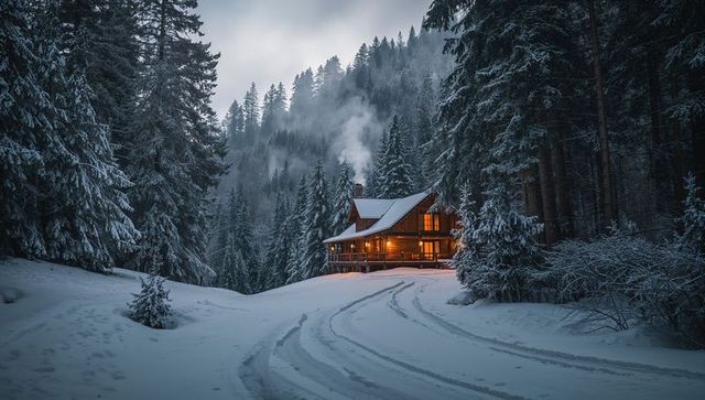 Glowing log cabin emitting chimney smoke amid snow-covered pine forest at twilight