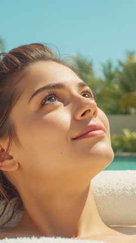 Vertical poolside portrait: woman lifting gaze to sun, smiling and blinking while relaxing