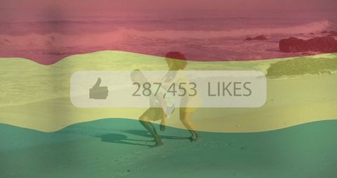 Friends Celebrating at Beach with Social Media Overlay