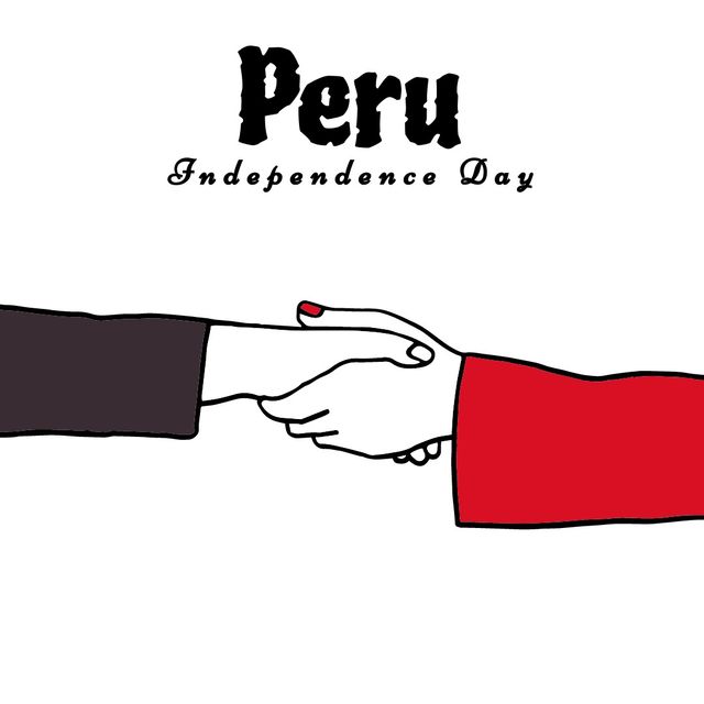 Illustration of peru independence day text over man and woman shaking hands on white background. independence, nationality, patriotism, copy space, celebration, freedom, agreement.