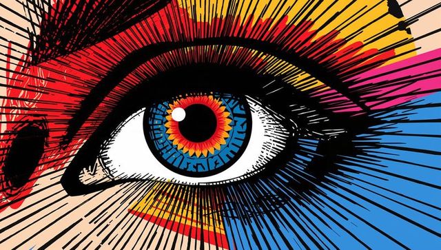 Pop-art eye with radiant ink lines and vivid sunburst iris - bold graphic vector art