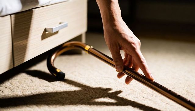 Hand reaching for curved walking cane under bed on carpet closeup mobility aid