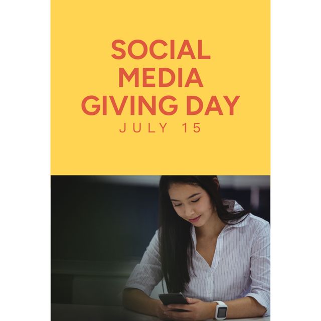 Social Media Giving Day Announcement with Smiling Woman Using Smartphone - Download Free Stock Templates Pikwizard.com